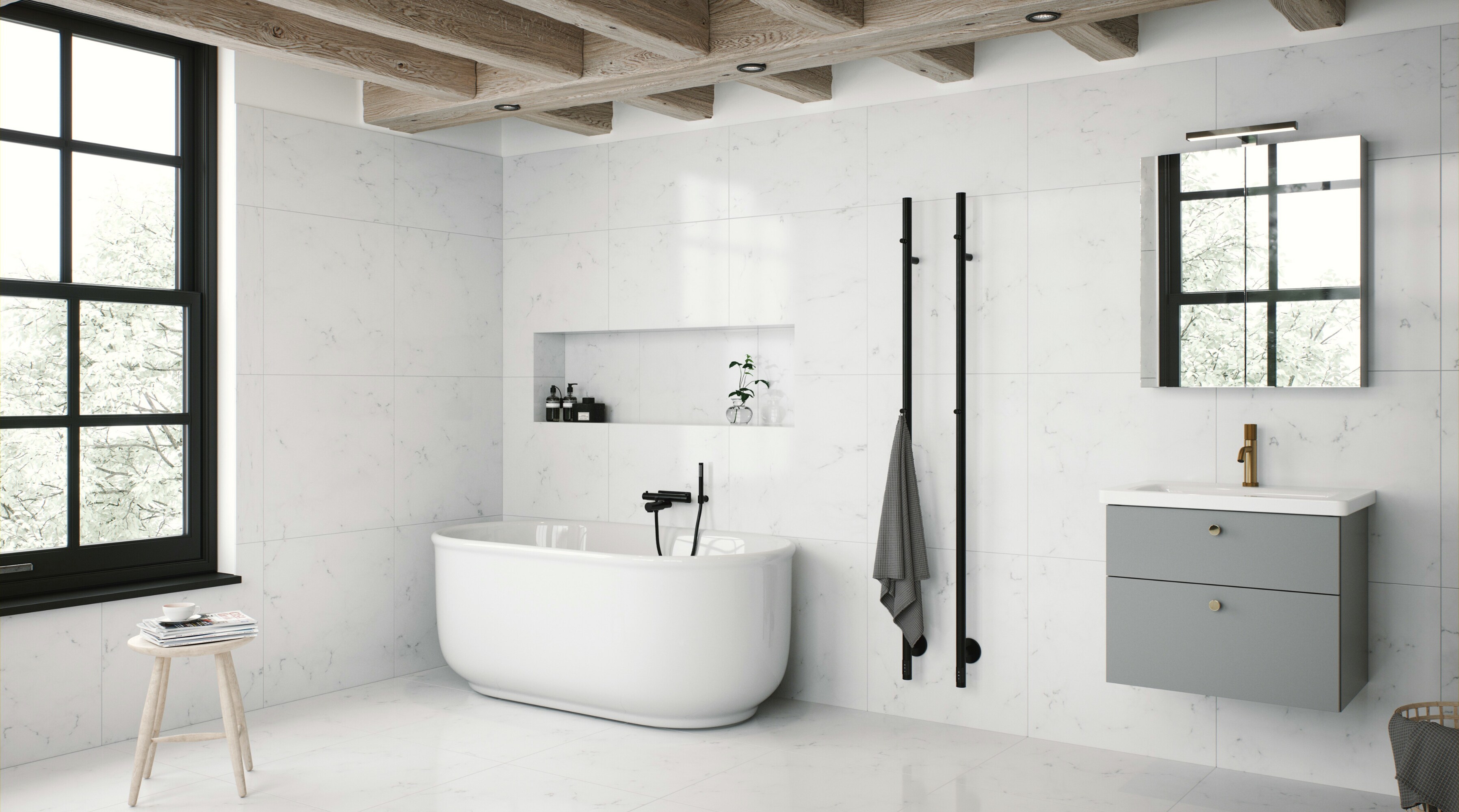 vitt fristående badkar 170cm i vitt marmor badrum