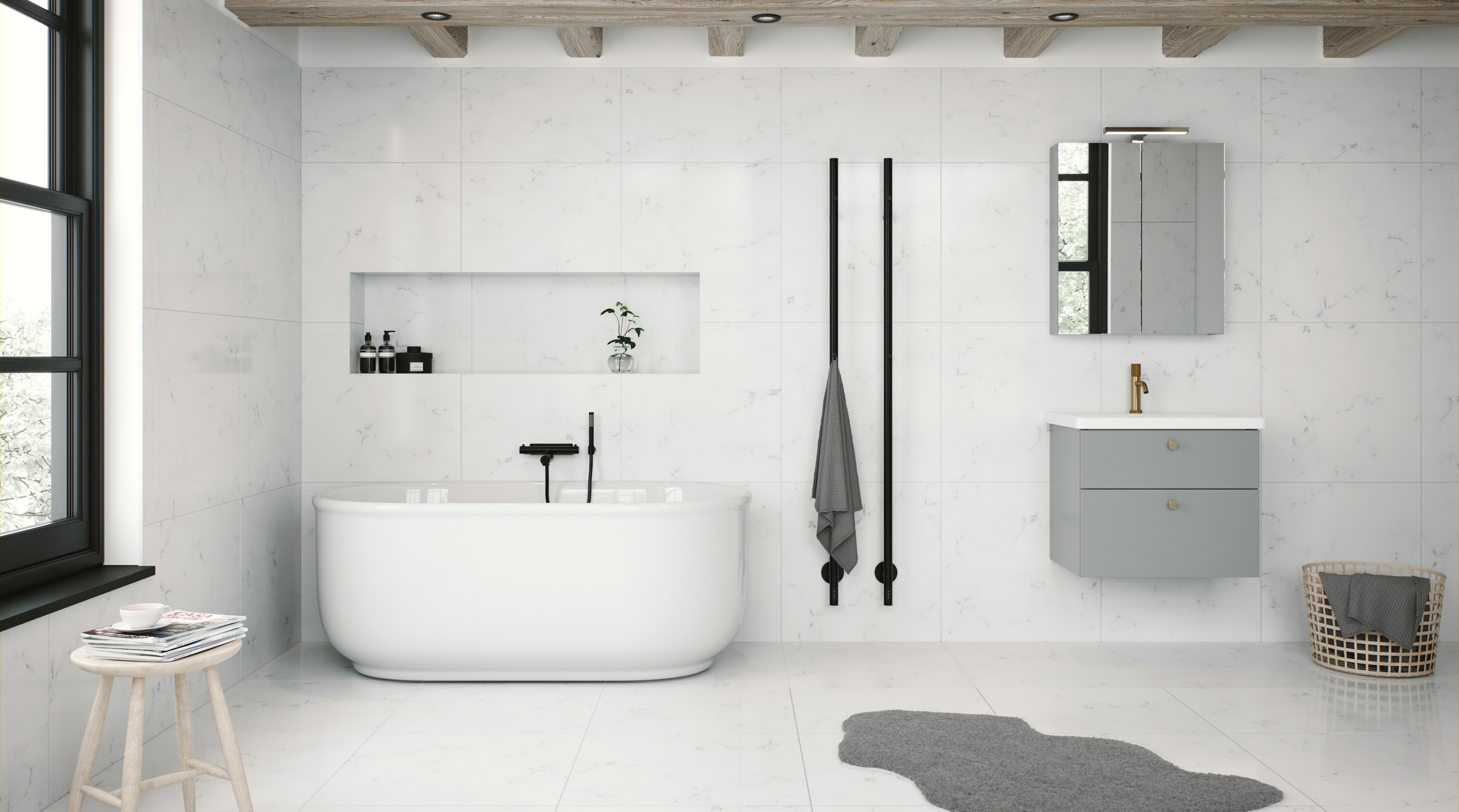 vitt fristående badkar 170cm i vitt marmor badrum