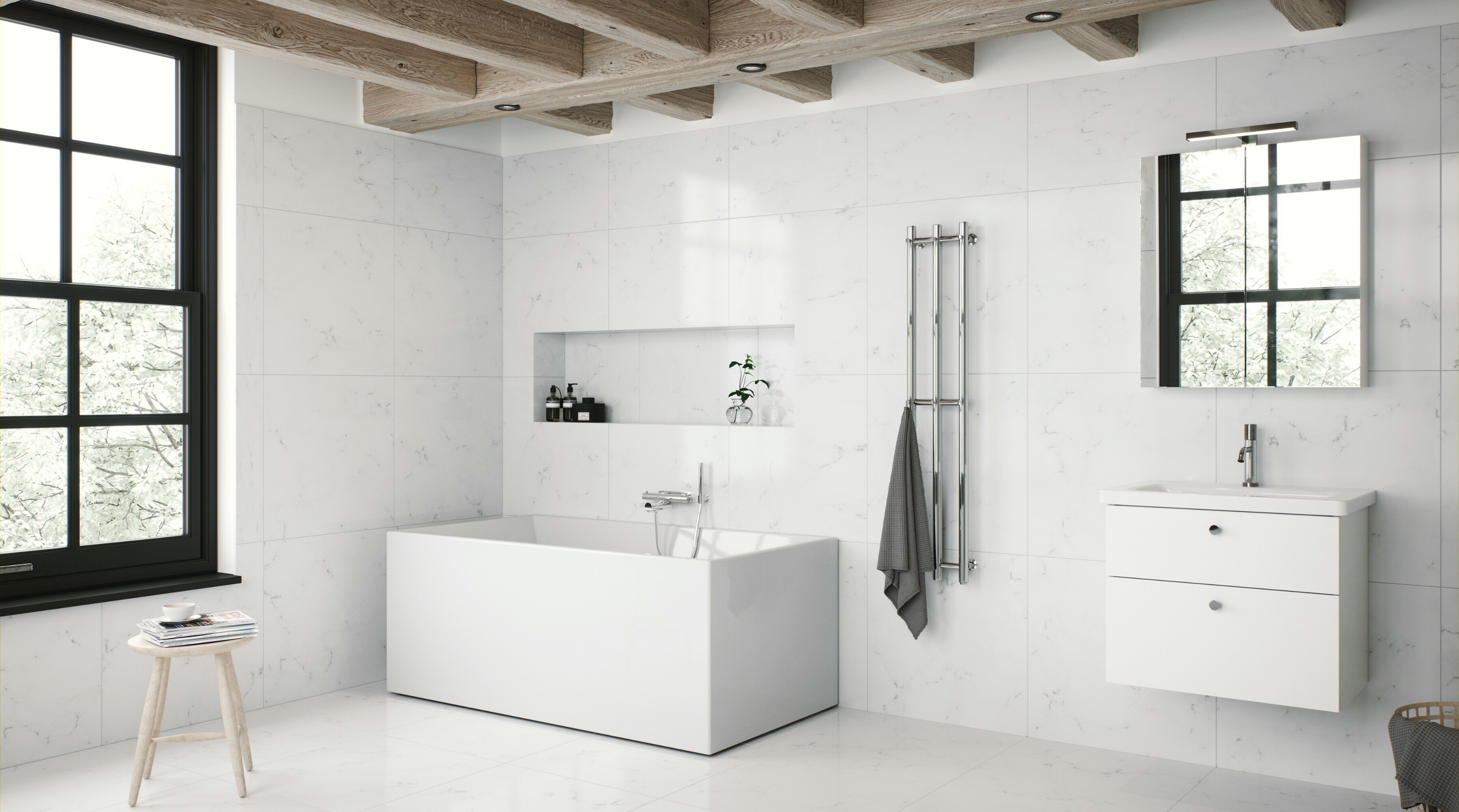 vitt marmor badrum lyxigt krom handdukstork | vitt kommodpaket | rund badrumsspegel