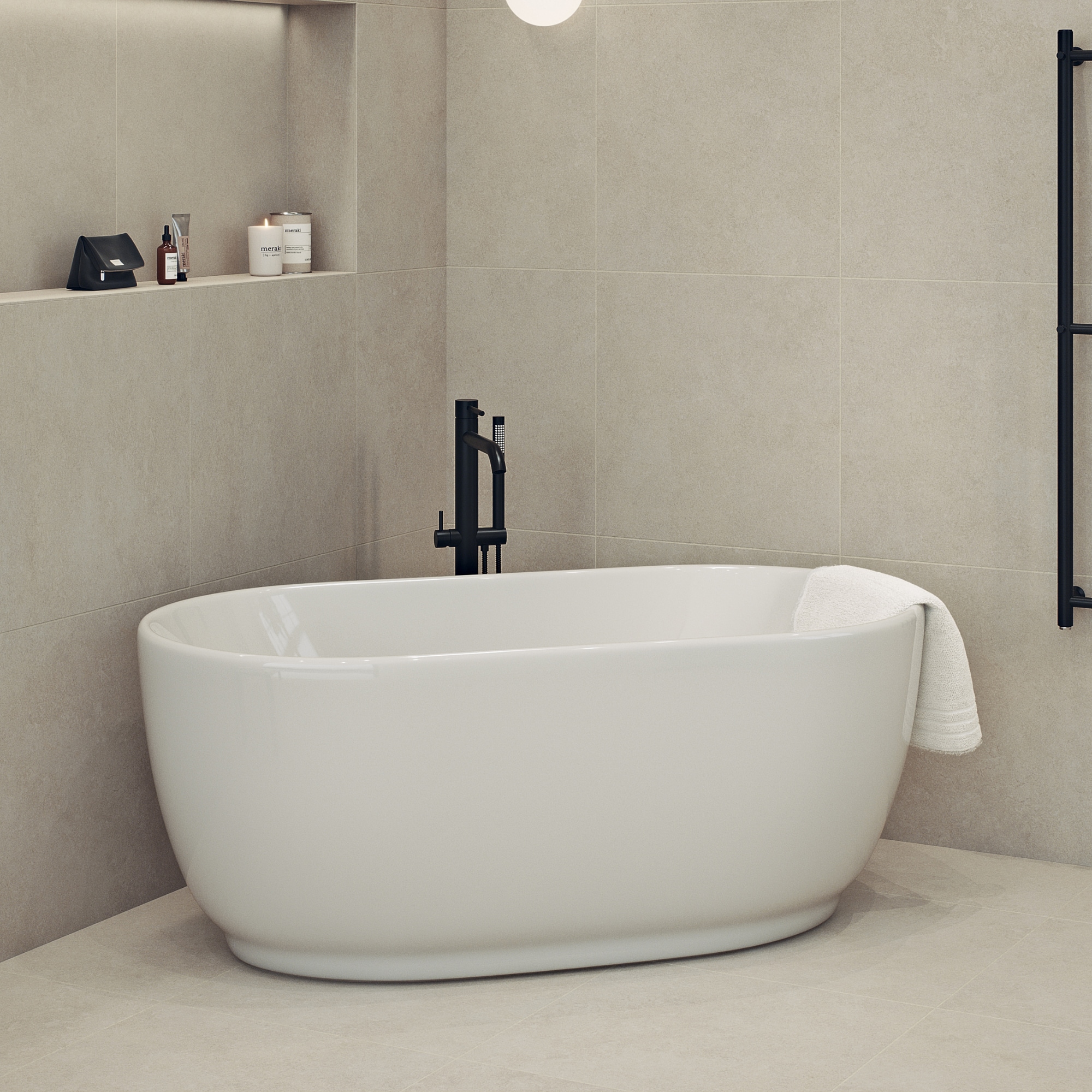 badkar 150cm i grått badrum med svart badkarsblandare