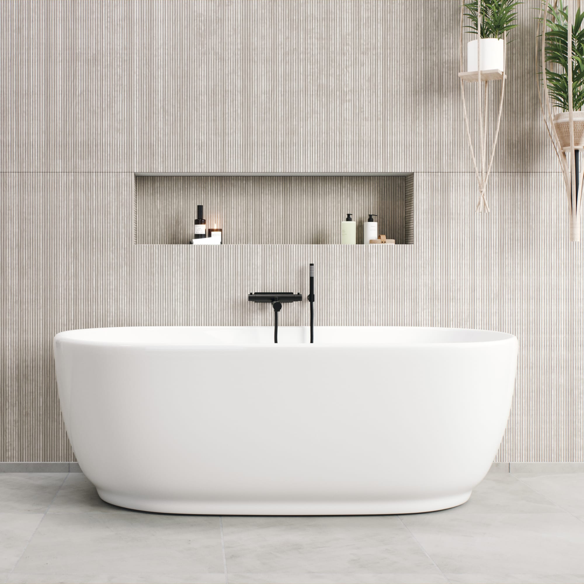 badkar fristående 170cm i badrum beige ribbad panel