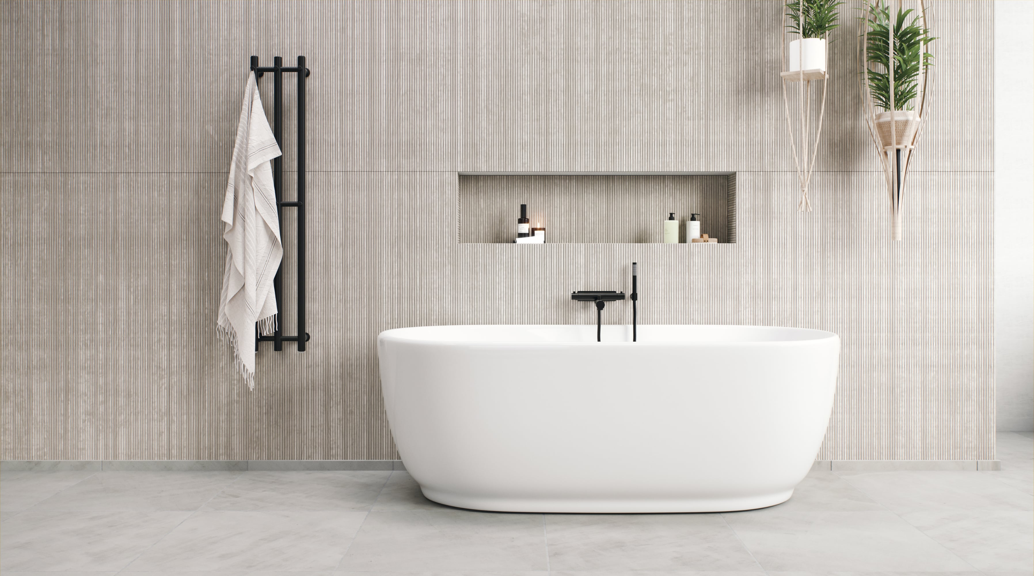 vitt fristående badkar 170cm beige ribbad panel badrum