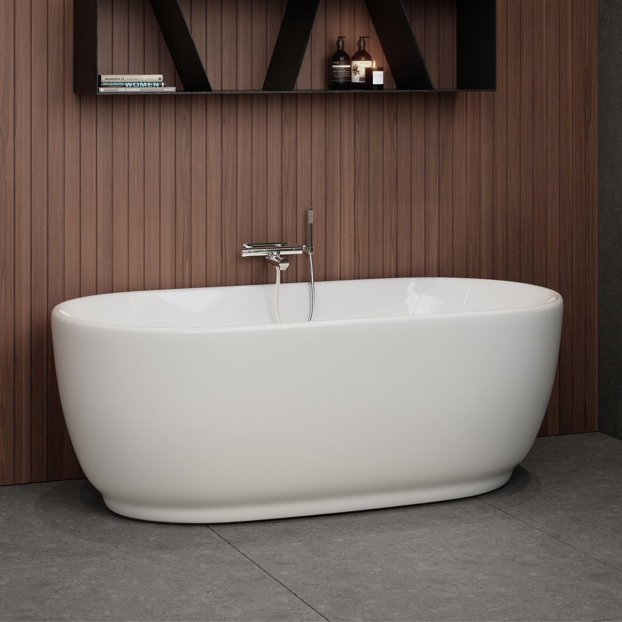 vitt fristående badkar 170cm i ekpanel valnöt badrum